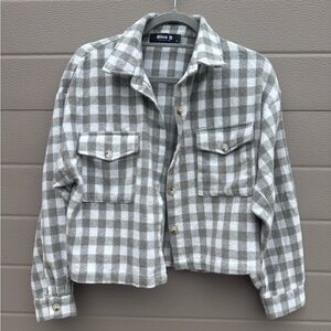 Cute as a button grey and white cropped jacket- S/M